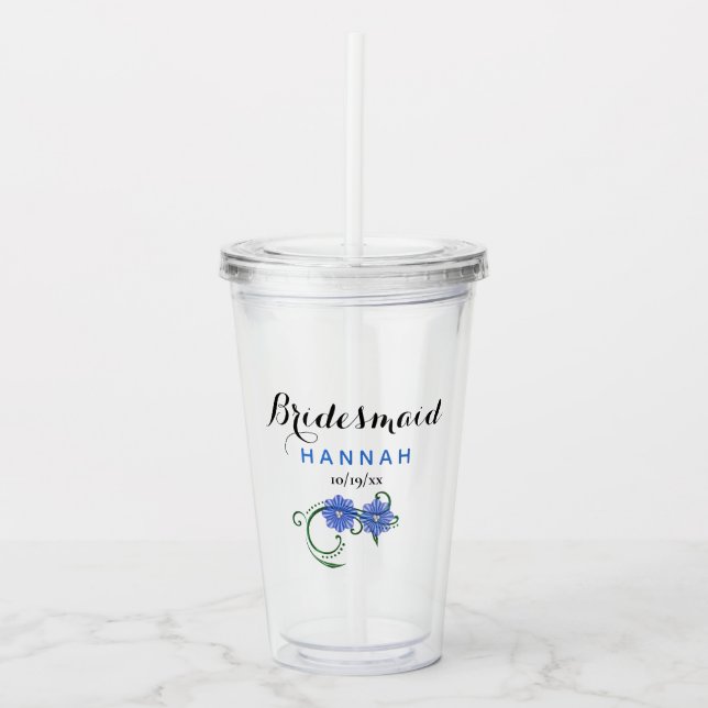 Bachelorette Party Bridesmaid Wedding Blue Flowers Acrylic Tumbler (Front)