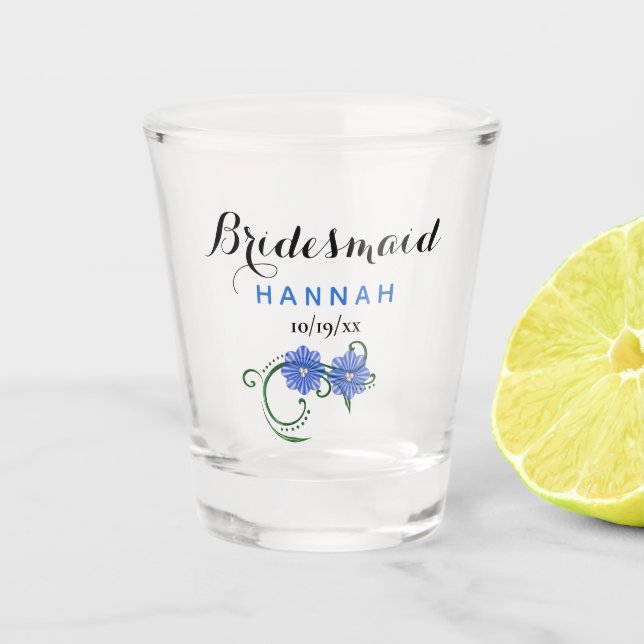 Bachelorette Party Bridesmaid Wedding Blue Flowers Shot Glass (Front)