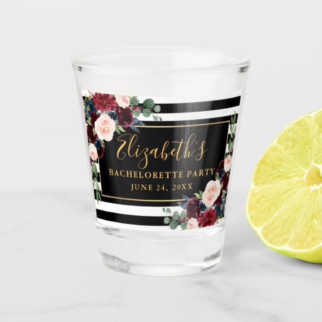 Bachelorette Party Burgundy Blue Floral Striped Shot Glass (Front)