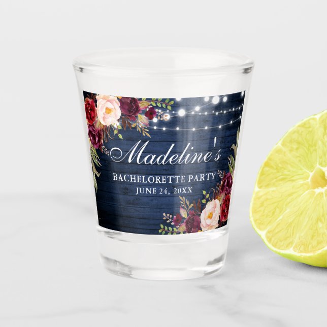 Bachelorette Party Burgundy Floral Blue Wood Shot Glass (Front)