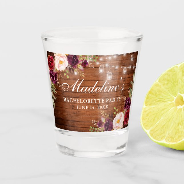 Bachelorette Party Burgundy Floral Wood Lights Shot Glass (Front)