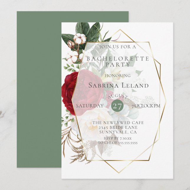 Bachelorette Party  | Burgundy Ivory Peonies Invitation (Front/Back)