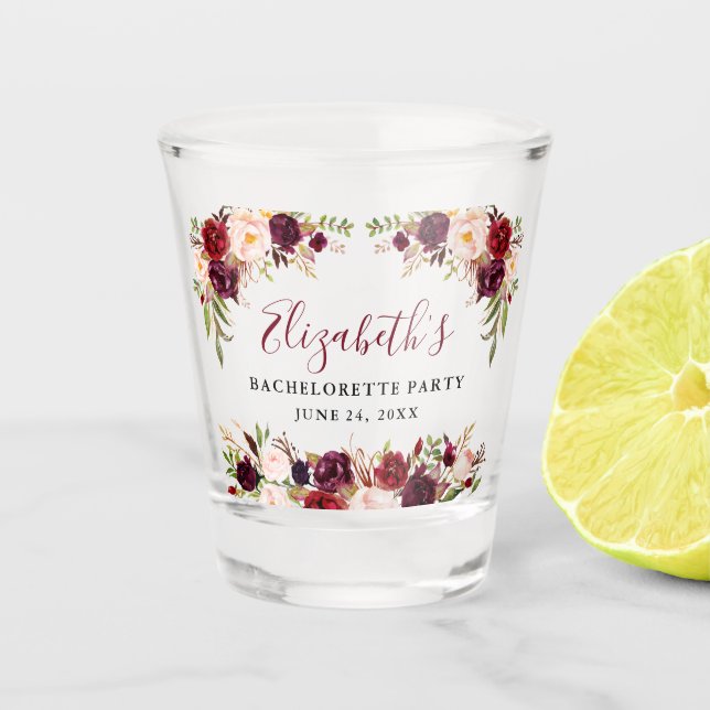 Bachelorette Party Burgundy Watercolor Floral Shot Glass (Front)