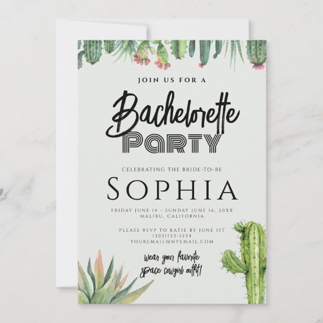 Bachelorette Party Cactus Watercolor Sage Garden Invitation (Front)