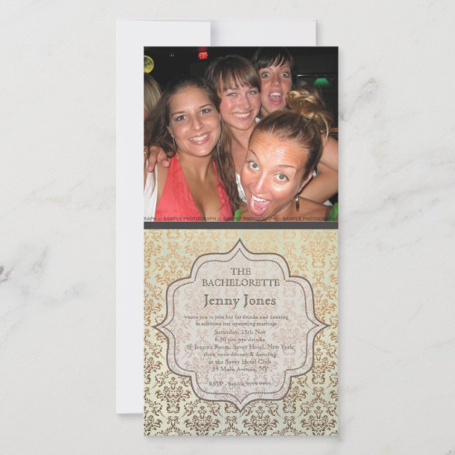 Bachelorette Party Caramel Damask Photo Invite (Front)