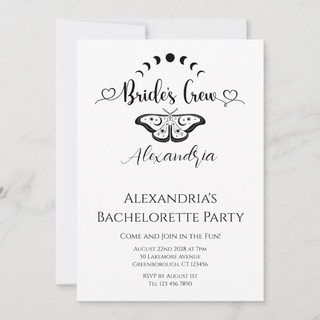 Bachelorette party celestial moth invitation (Front)
