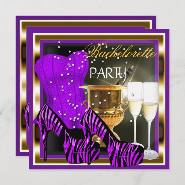 Bachelorette Party Corset Purple Zebra Gold Invitation (Front/Back)