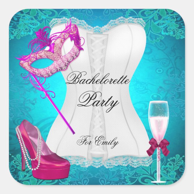 Bachelorette Party Corset Teal Pink Shoes mask Square Sticker (Front)