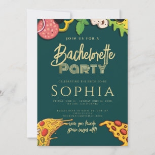 Bachelorette Party Emerald Green Gold PIZZA Modern Invitation