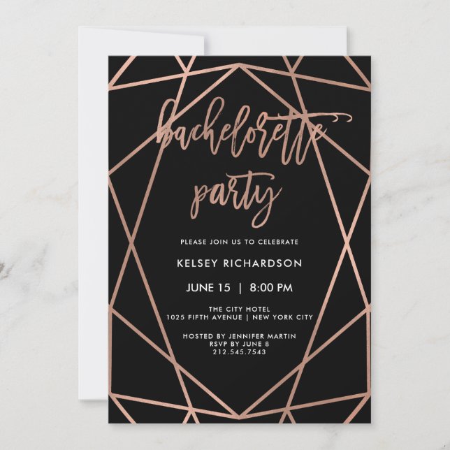 Bachelorette Party | Faux Rose Gold Geometric Invitation (Front)