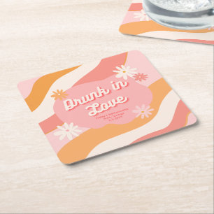 Bachelorette Party Favour Retro Pink Drunk in Love Square Paper Coaster