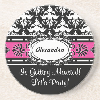 Bachelorette Party Favours Pink and Black Damask Coaster