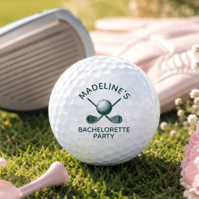 Bachelorette Party Favours with Custom Name Golf Balls (Custom golf bachelorette party golf ball with personalized bride name and crossed golf clubs design.)
