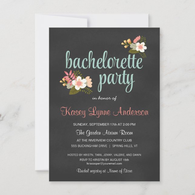 Bachelorette Party Floral Chalkboard Invitations (Front)