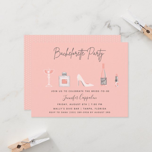 Bachelorette Party Girl's Night Out Pink Bar Hop Invitation (Front/Back In Situ)
