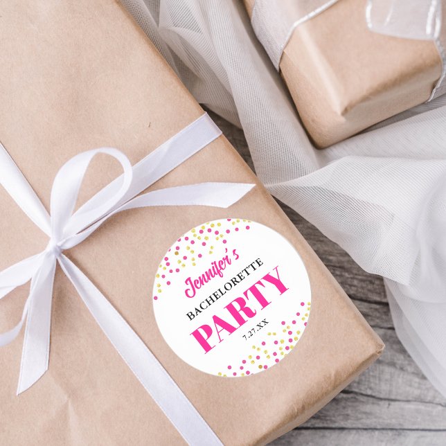 Bachelorette Party Glam Pink Gold Dots Round Classic Round Sticker (Creator Uploaded)