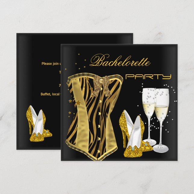 Bachelorette Party Gold Black Corset Zebra Shoes Invitation (Front/Back)