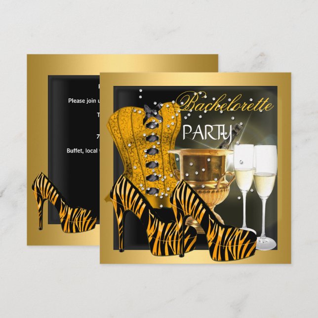 Bachelorette Party Gold Black Corset Zebra Shoes Invitation (Front/Back)