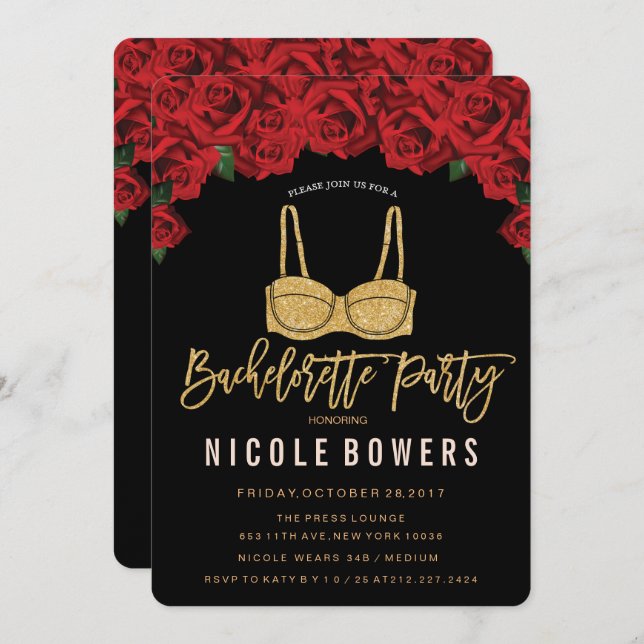 Bachelorette Party Gold Bra Red Roses Invitation (Front/Back)