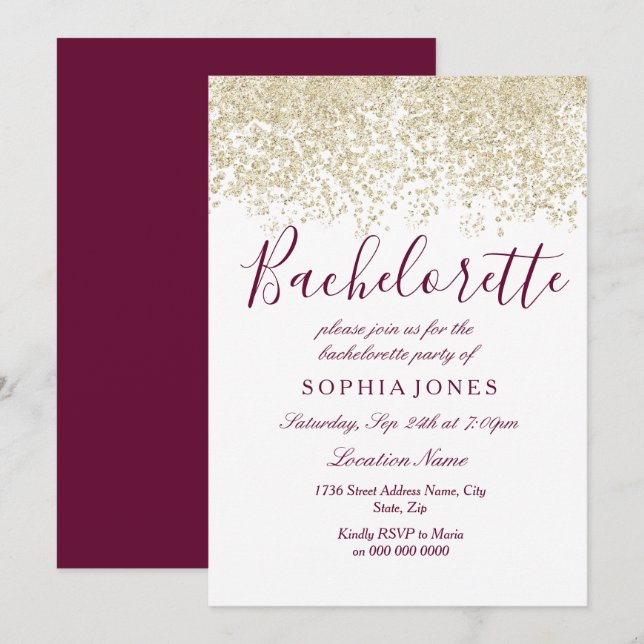 Bachelorette Party Gold Glitter Burgundy Invite (Front/Back)