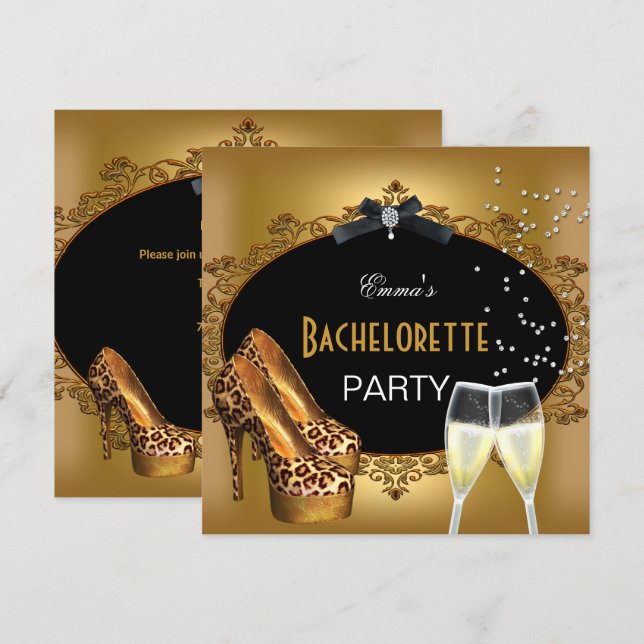 Bachelorette Party Gold Leopard Black Shoes 2 Invitation (Front/Back)