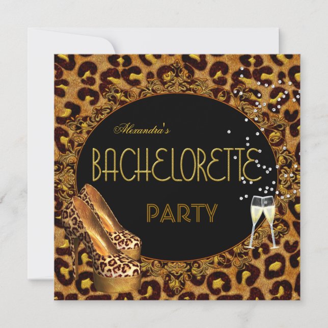 Bachelorette Party Gold Leopard Black Shoes 5 Invitation (Front)