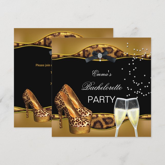 Bachelorette Party Gold Leopard Black Shoes Invitation (Front/Back)