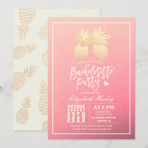 Bachelorette Party Gold Pineapple Couple Pink Rose Invitation