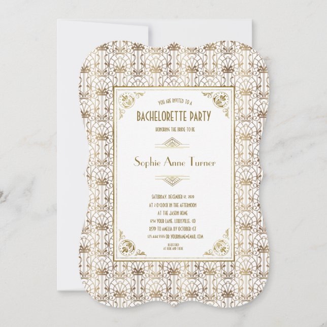 Bachelorette Party | Gold White 1920s Art Deco Invitation (Front)