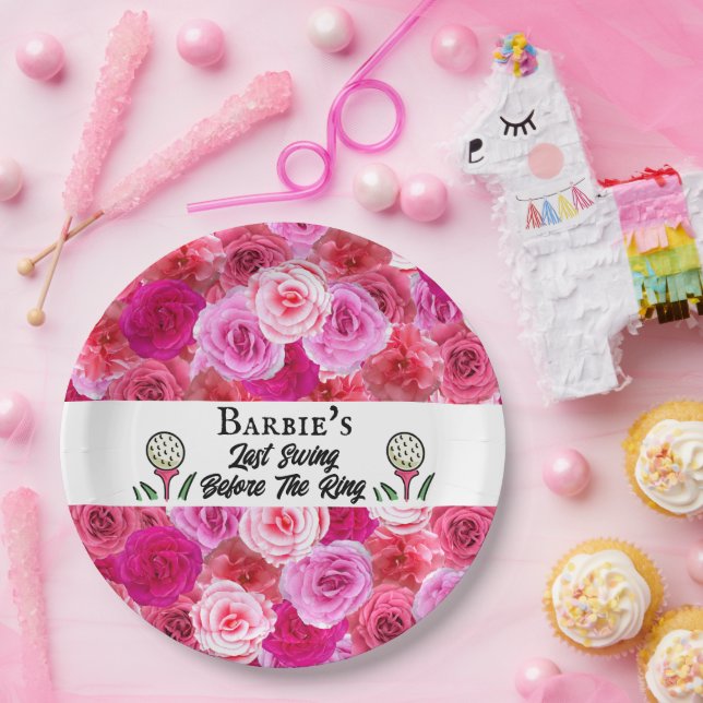 Bachelorette Party Golf Pink Floral Personalised Paper Plate (Party)