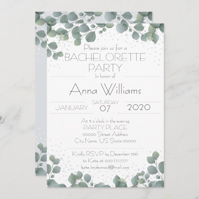 BACHELORETTE PARTY Green Eucalyptus Boho Modern Invitation (Front/Back)