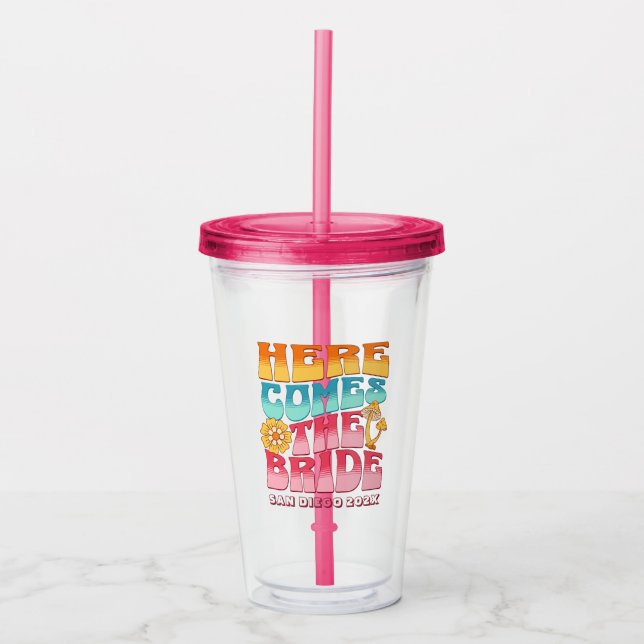 Bachelorette Party Groovy Retro Wavy Text Bride Acrylic Tumbler (Front)