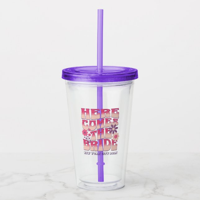 Bachelorette Party Here Comes The Bride Groovy Acrylic Tumbler (Front)