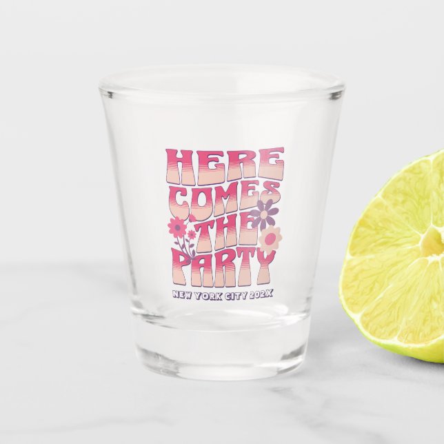 Bachelorette Party Here Comes The Party Groovy Shot Glass (Front)