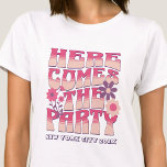Bachelorette Party Here Comes The Party Groovy T-Shirt<br><div class="desc">Make a splash at your upcoming bachelorette party with this stunning bachelorette party personalised t-shirts. Whether you're celebrating a bach trip, a girls' vacation, or a best friends' holiday, this custom beach bachelorette party t-shirts are the perfect addition to your unforgettable getaway. Add a personal touch to your bachelorette party...</div>