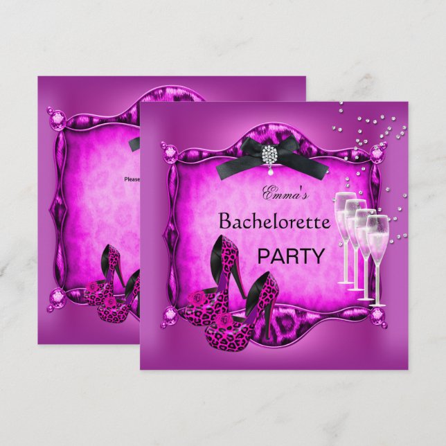 Bachelorette Party Hot Pink Leopard Black Shoes 2 Invitation (Front/Back)