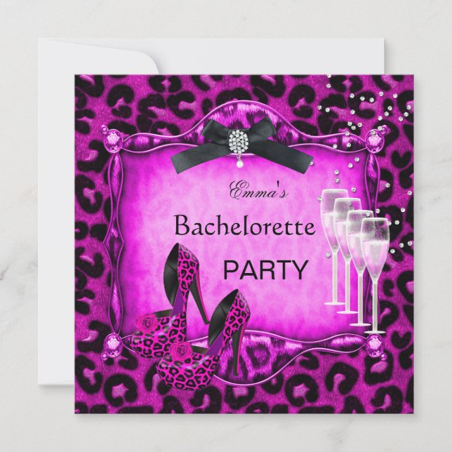 Bachelorette Party Hot Pink Leopard Black Shoes Invitation (Front)