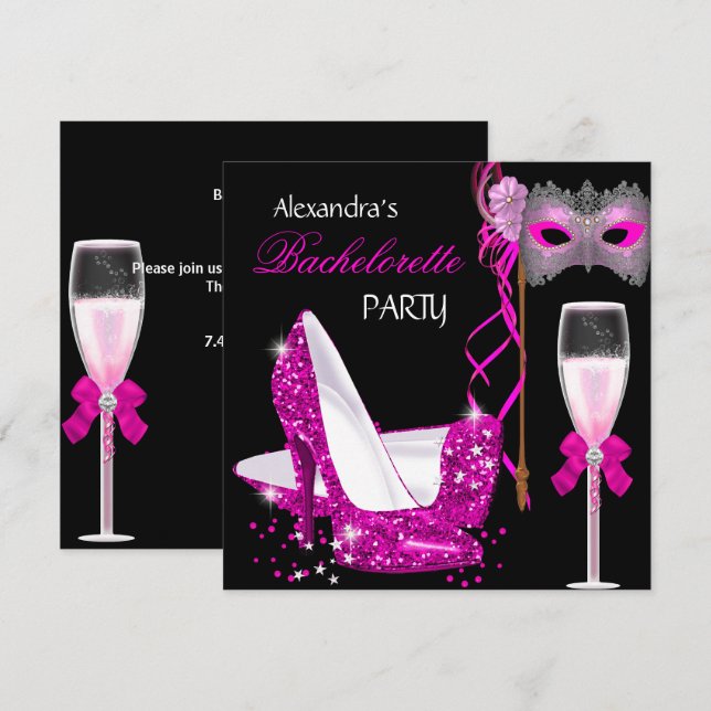 Bachelorette Party Hot Pink Masquerade Champagne Invitation (Front/Back)