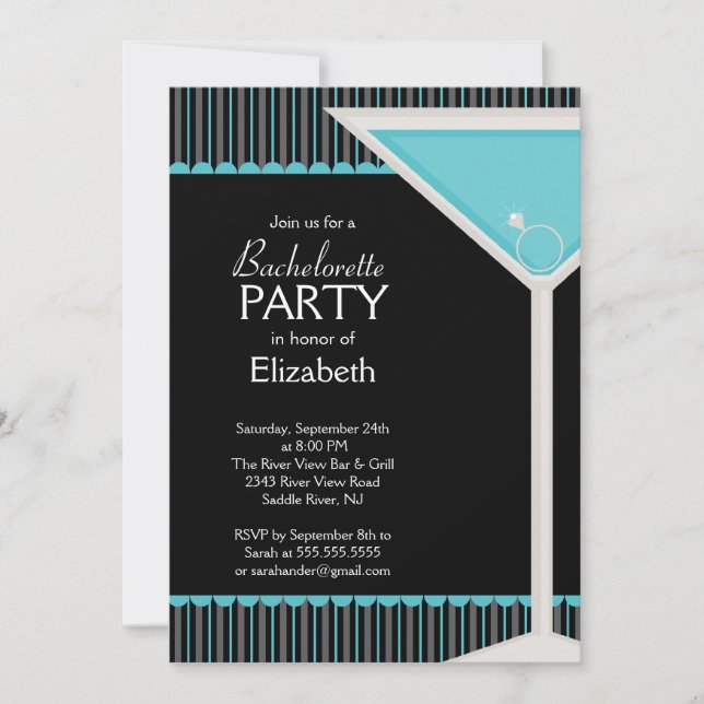 Bachelorette Party Invitation Martini Glass Blue (Front)