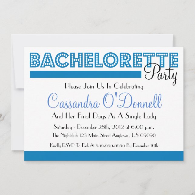 Bachelorette Party Invitations (Blue In Lights) (Front)