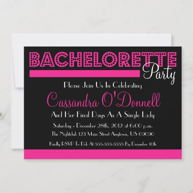 Bachelorette Party Invitations (Pink In Lights) (Front)
