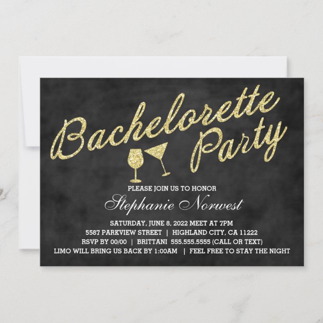 Bachelorette Party Invite Gold Glitter Chalkboard (Front)