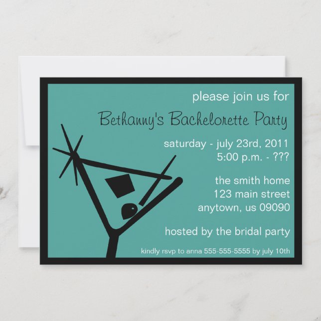 Bachelorette Party Invite Martini Glass (Teal) (Front)
