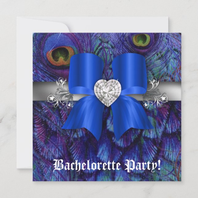 Bachelorette Party Invite Peacock Bow Blue Heart (Front)