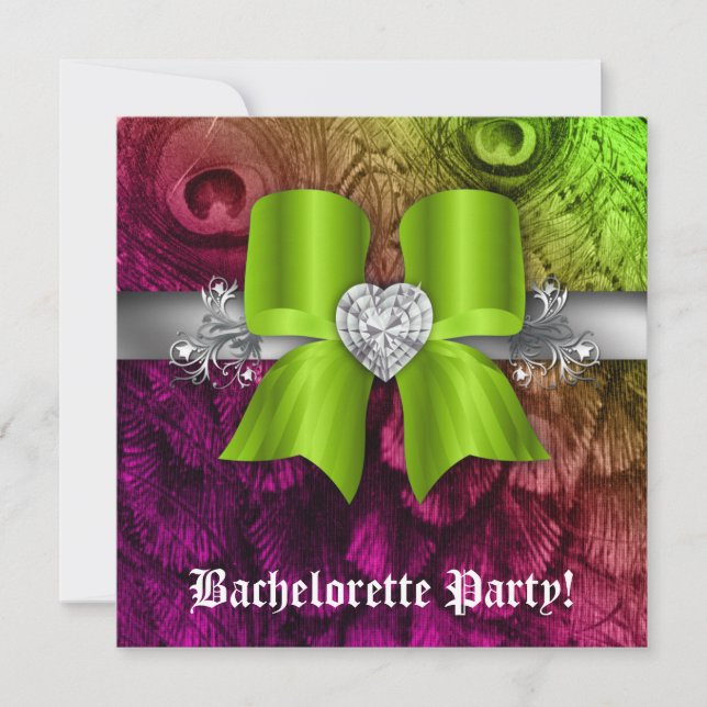 Bachelorette Party Invite Peacock Bow Lime Heart (Front)