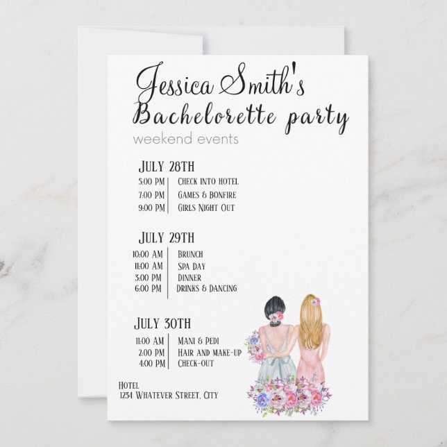 Bachelorette Party Itinerary  Invitation (Front)