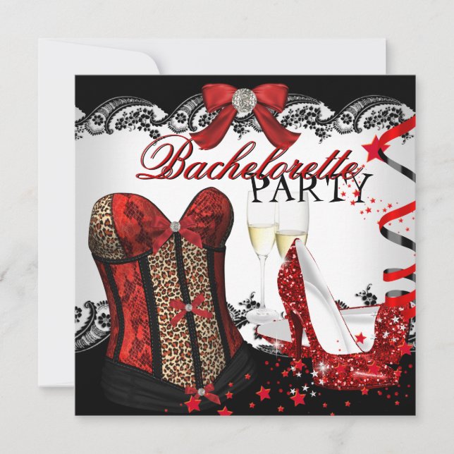 Bachelorette Party Lace Red Corset Champagne Invitation (Front)