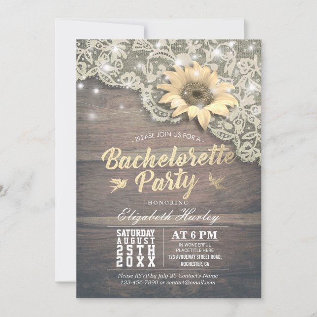 Bachelorette Party Lace Sunflower Barn Wood Lights Invitation (Front)
