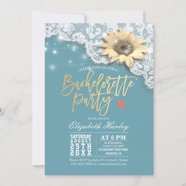 Bachelorette Party Lace Sunflowers String Lights Invitation (Front)