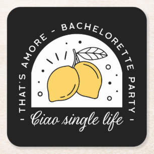Bachelorette party lemon fruit theme black yellow square paper coaster